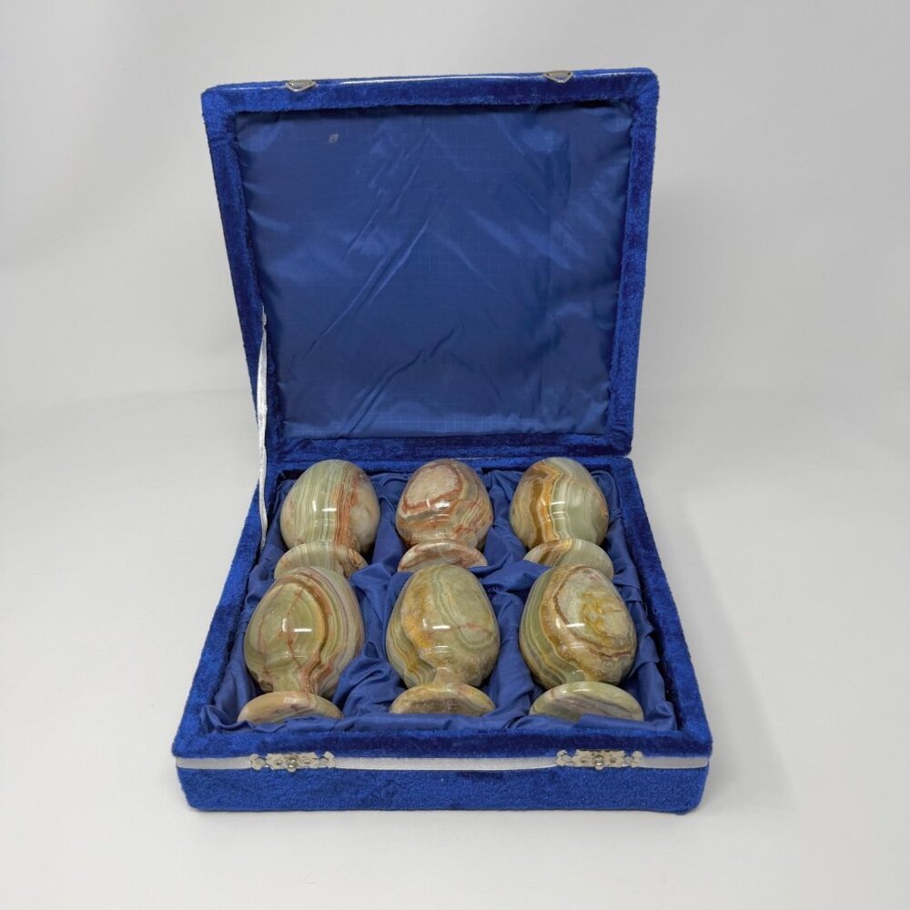 6--3" Marble Onyx Rock Green Brown Cordial Goblets in Blue Velvet Satiny Case